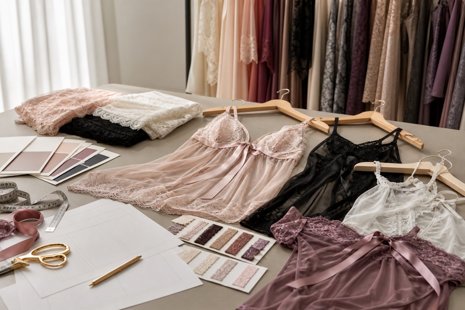 Private label babydoll and chemise sourcing with sheer fabric lace trim and color planning cards