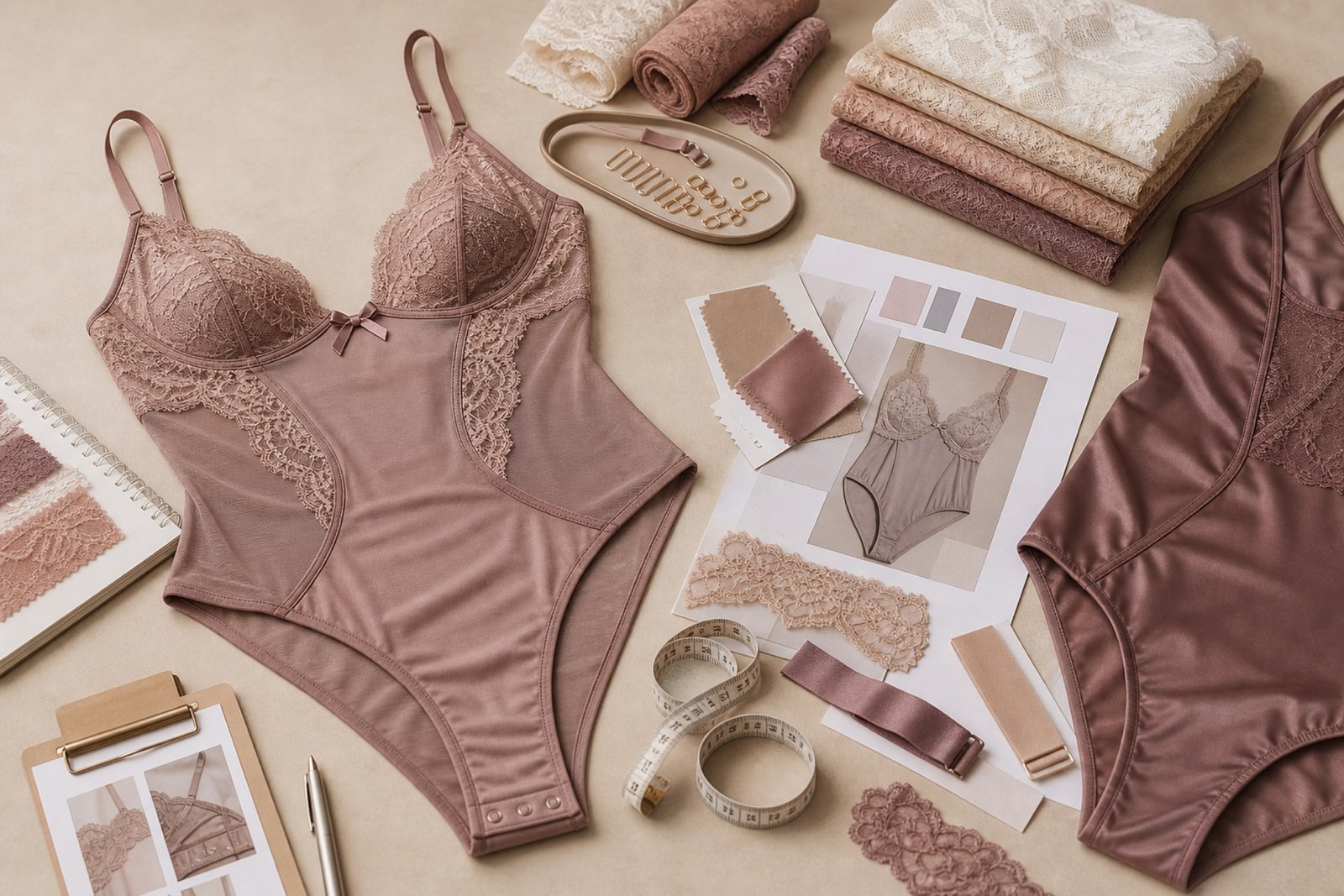Private label bodysuits and teddies sourcing table with lace samples trims and fabric swatches