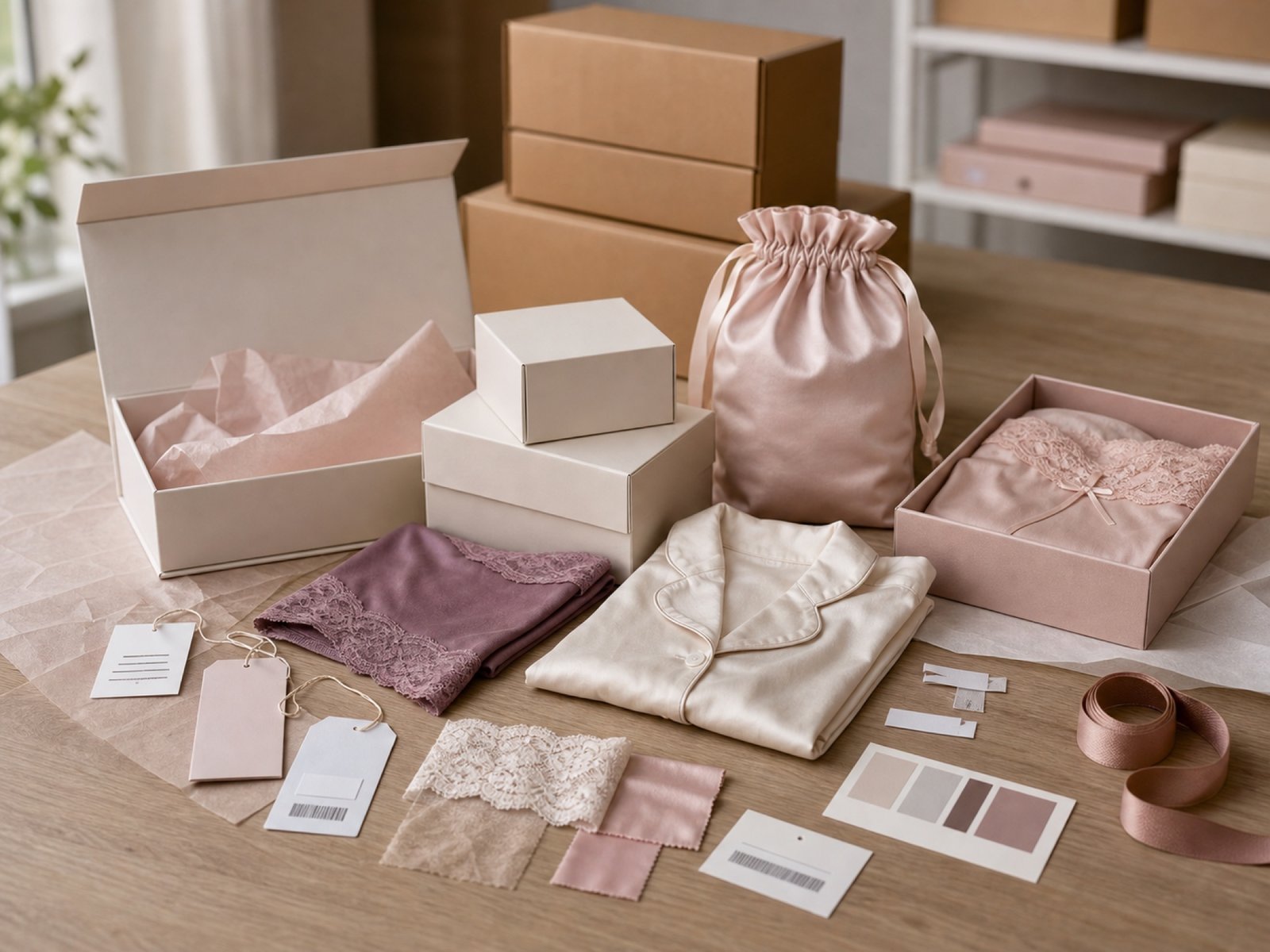 Private label intimate apparel packaging options with hangtags labels pouches and fabric samples