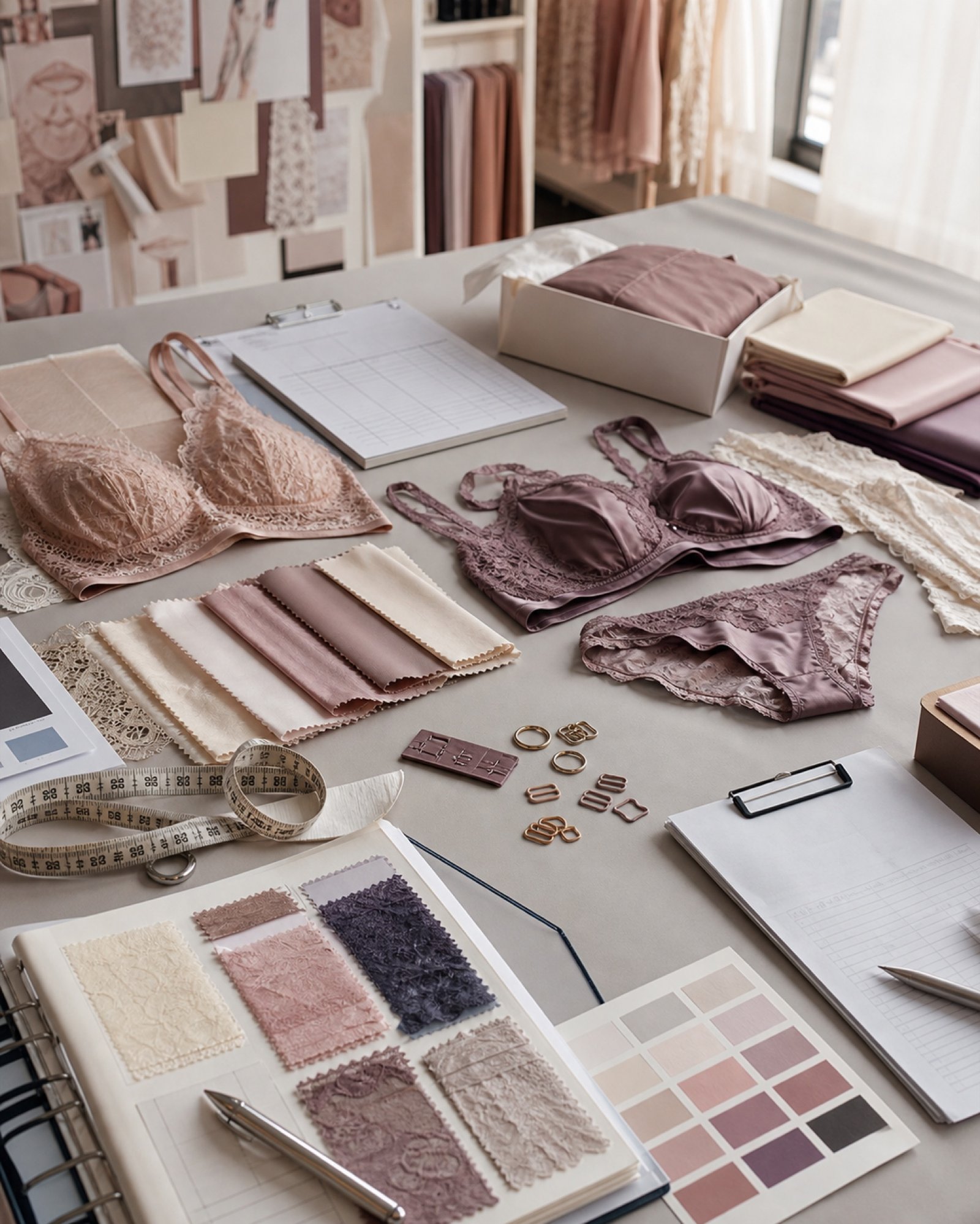 Factory route planning desk for private label intimate apparel production with QC checklist fabric swatches and sample review materials