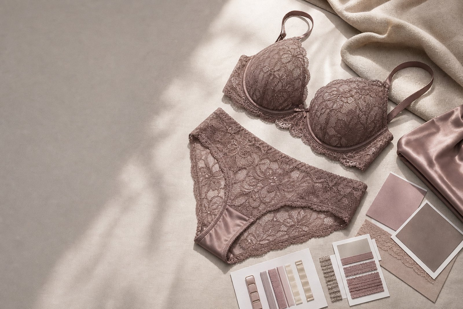 Private label lingerie sets sourcing flat lay with lace set fabric swatches and trim cards