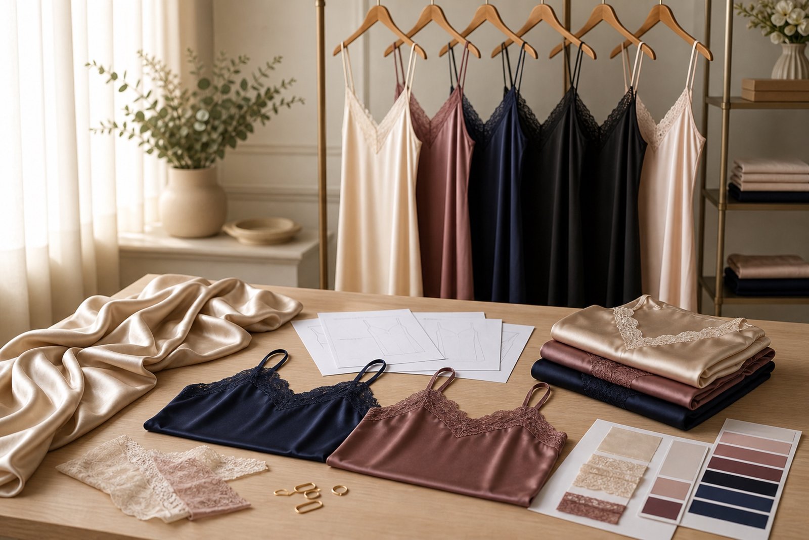 Private label nightdress and slip dress sourcing with satin samples strap hardware and lace trims