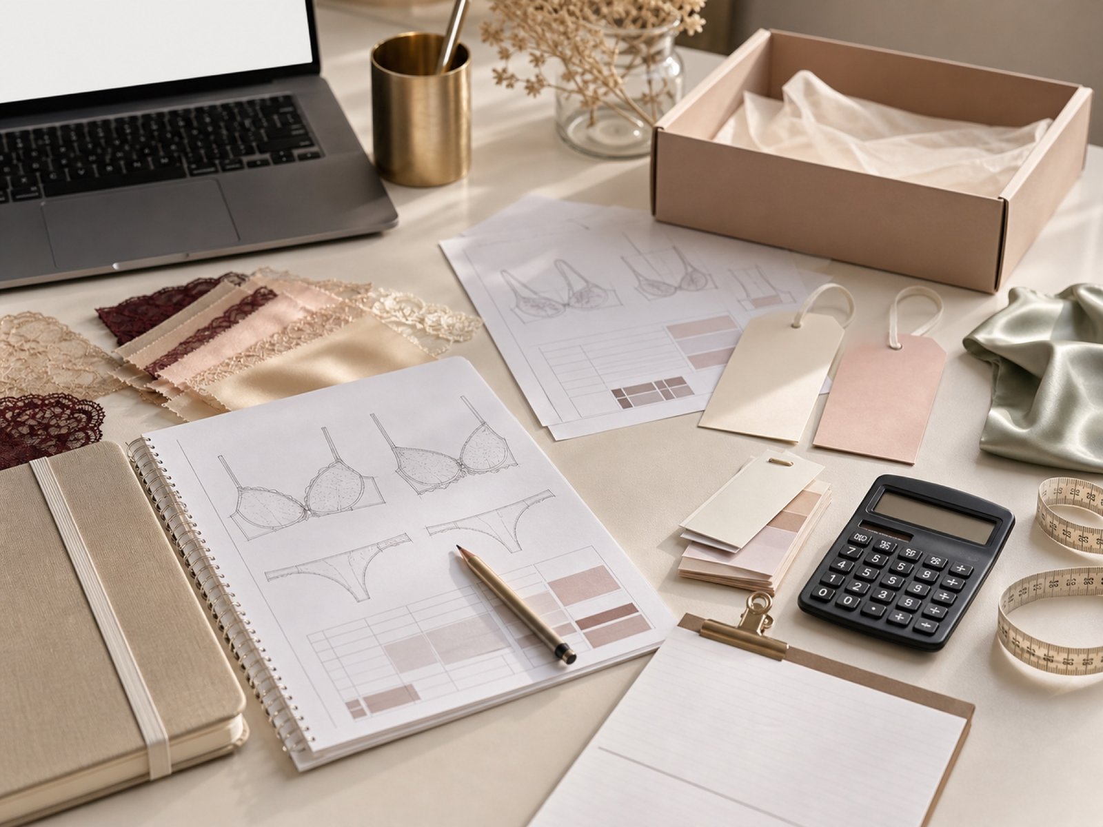 RFQ development planning desk with intimate apparel references, fabric swatches and production notes