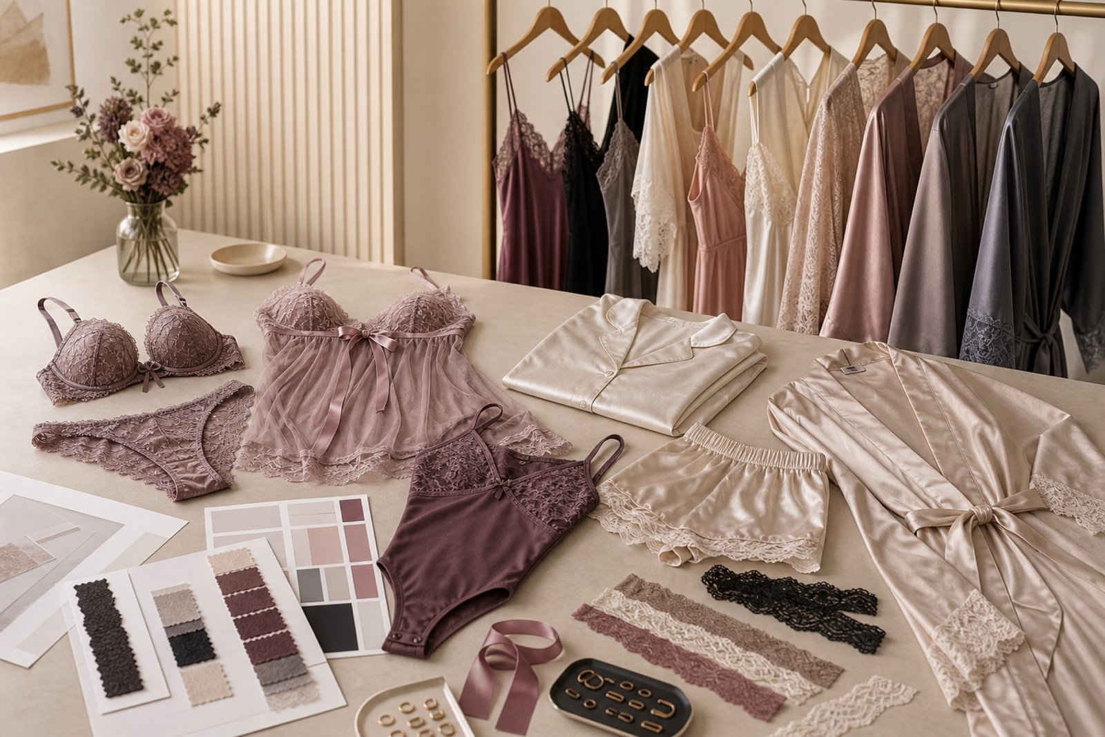 Private label lingerie and sleepwear product category overview with samples swatches and sourcing materials