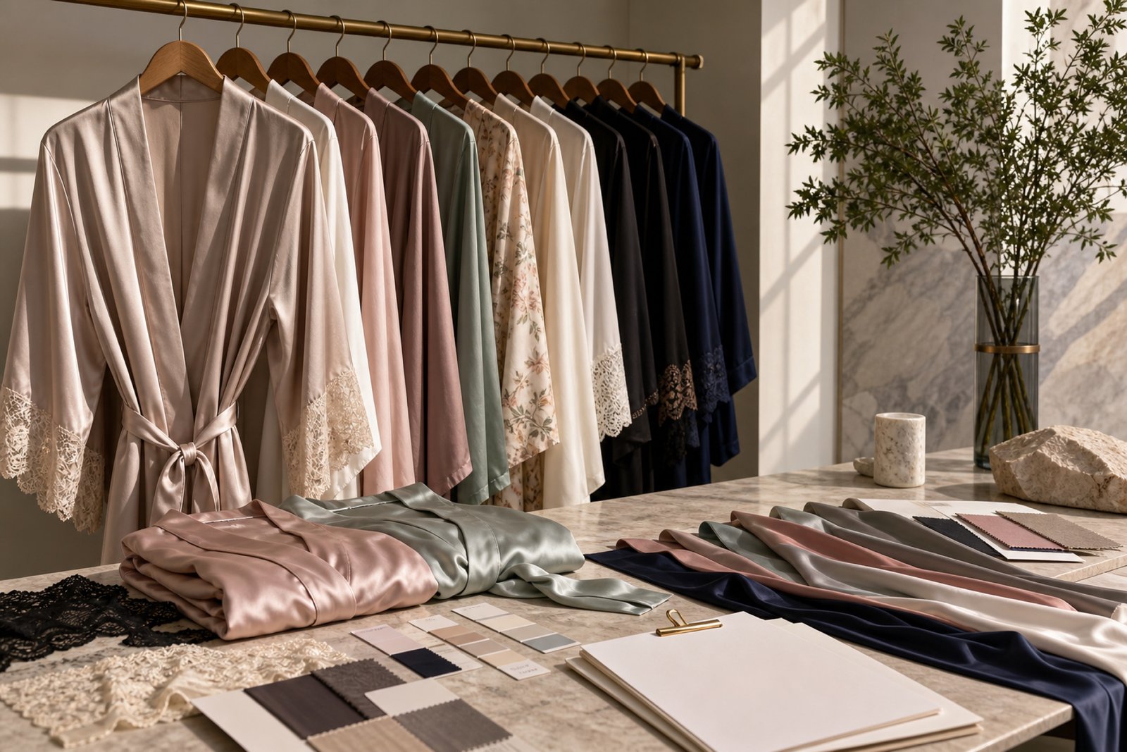 Private label robes and kimonos sourcing showroom with satin samples belt ties and swatch cards