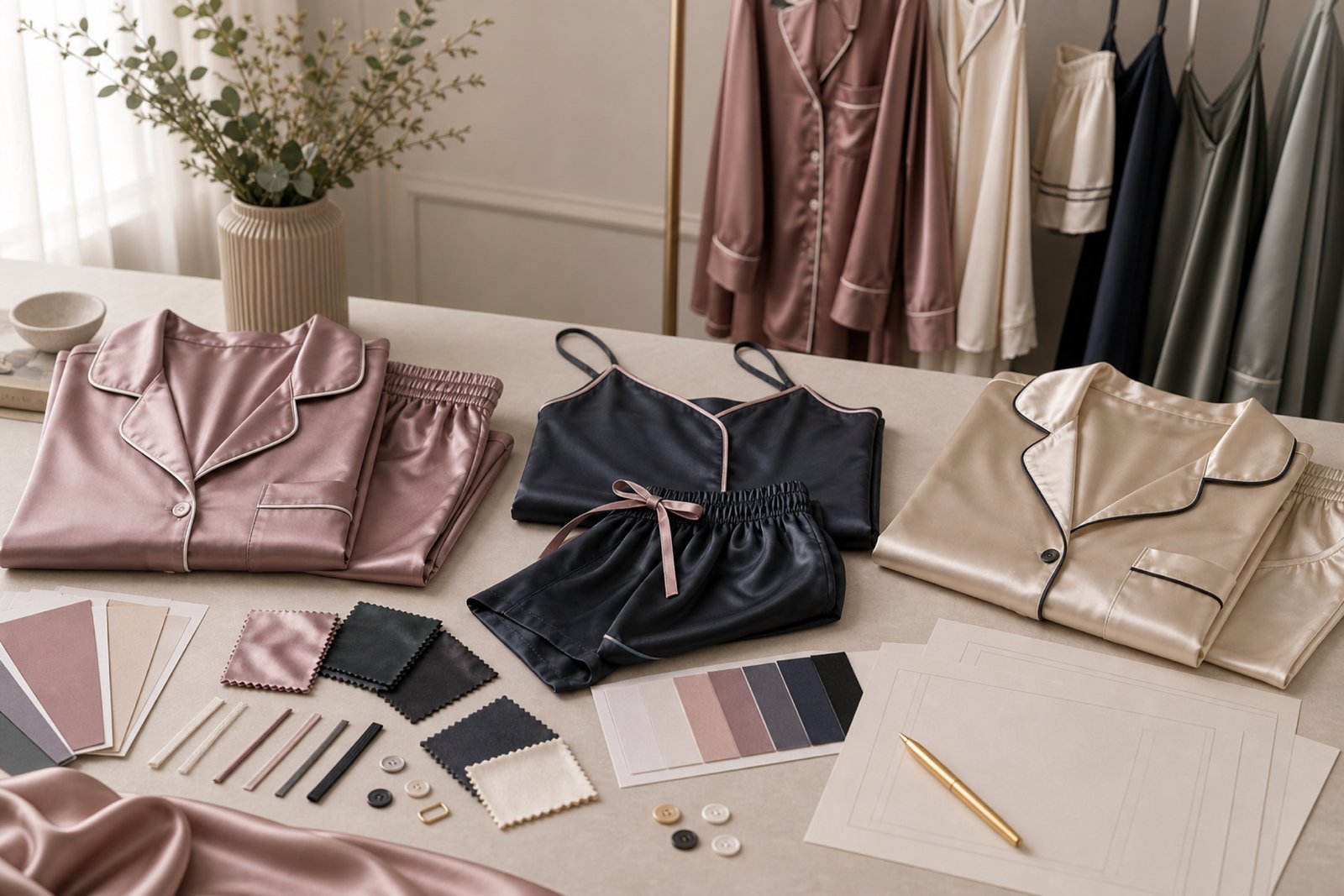 Private label satin sleepwear sets sourcing with pajama samples satin swatches and trim options