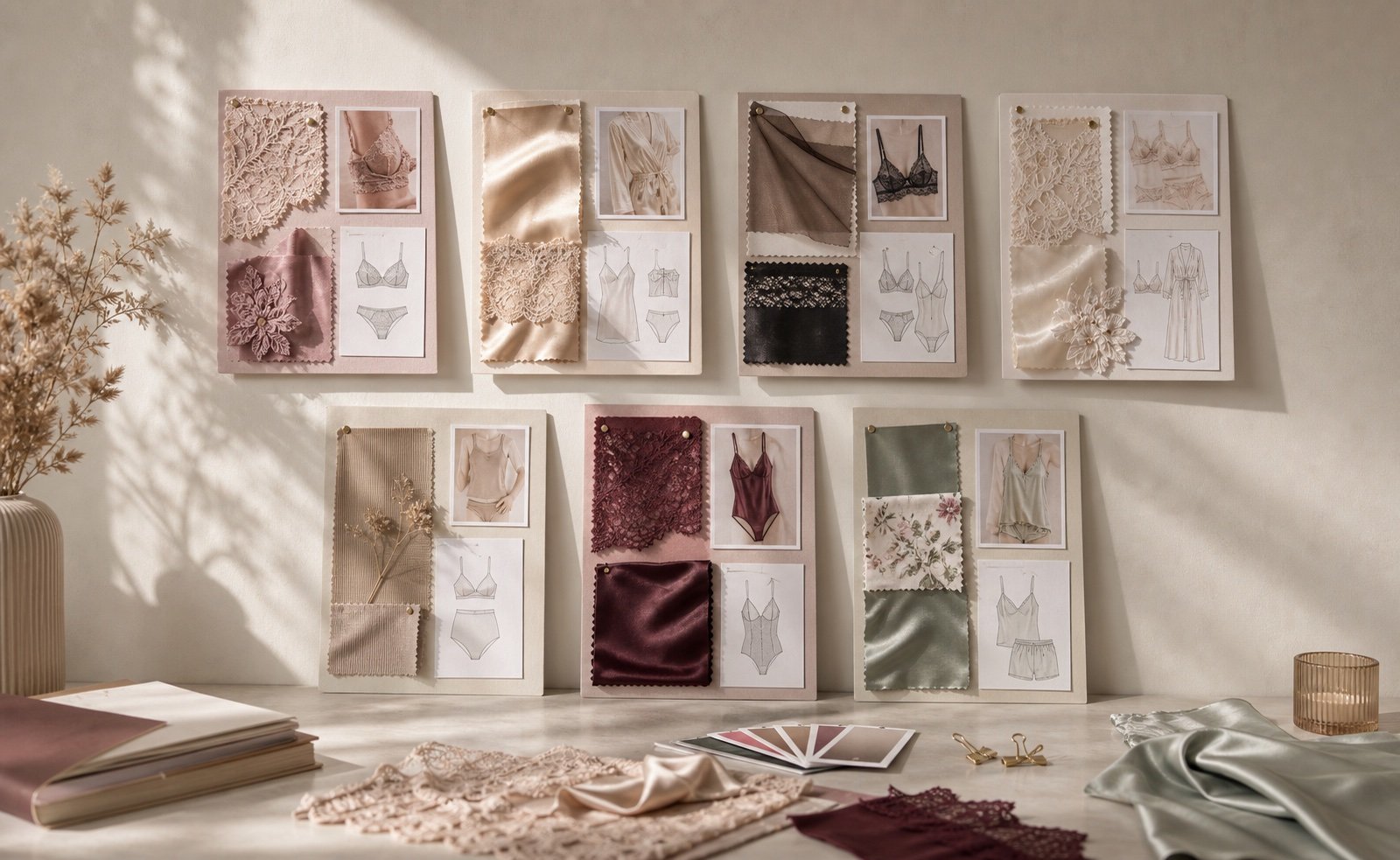 Lingerie design direction board with style references and seasonal colors