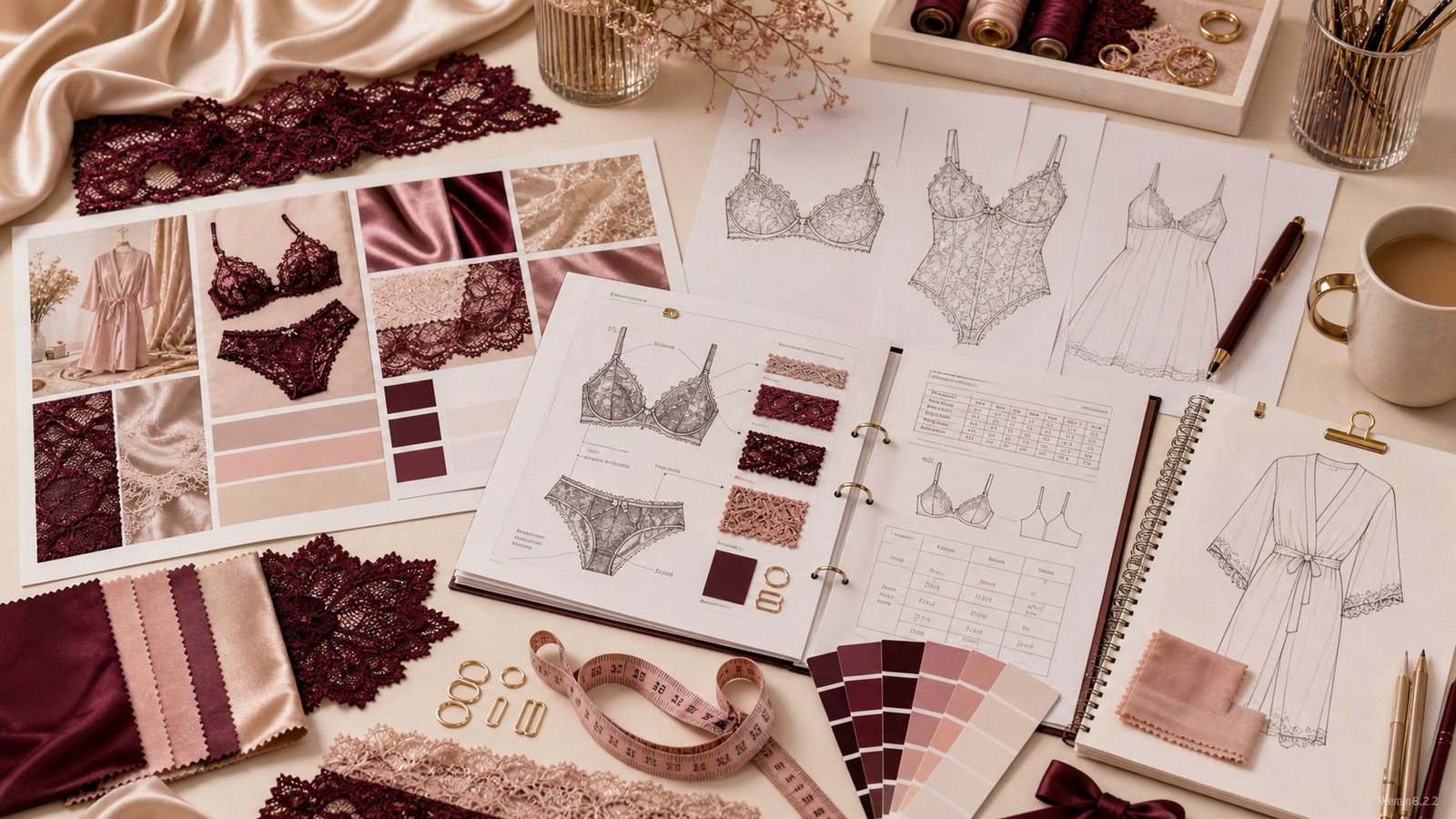 Flat sketch and tech pack desk for intimate apparel development