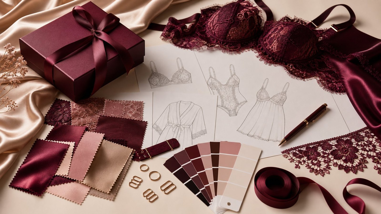 Private label intimate apparel development materials with lace satin sketches and swatches