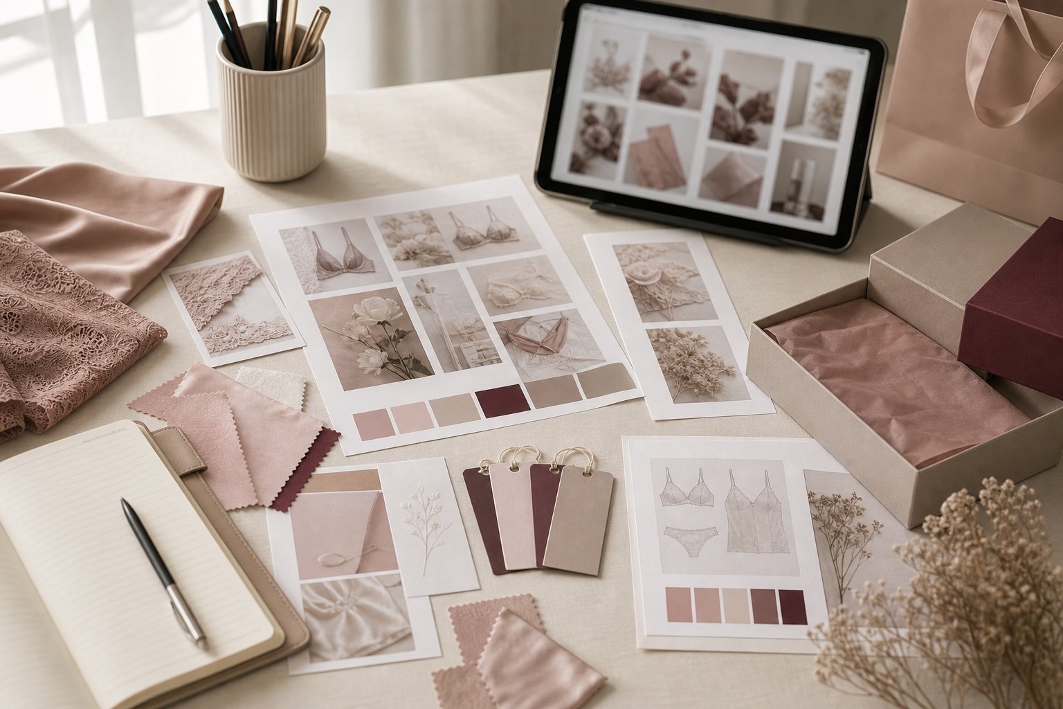Private label intimate apparel brand strategy planning with fabric and packaging references