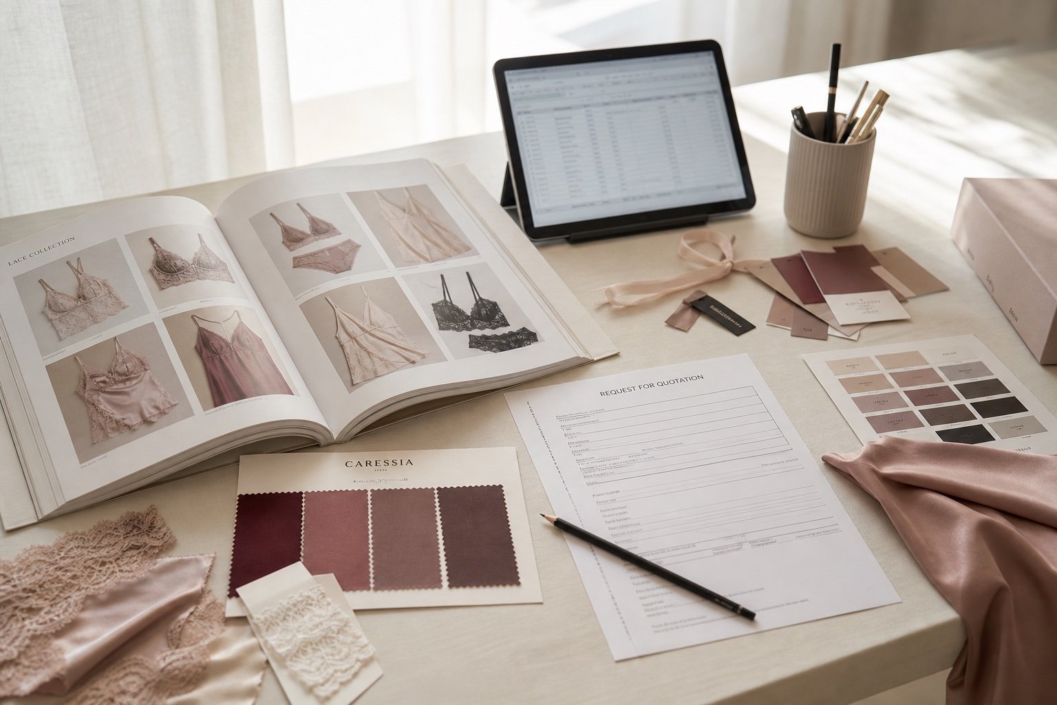Caressia buyer resource center with catalog, fabric swatches and RFQ planning materials