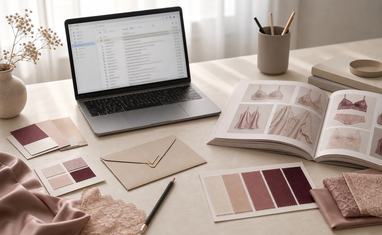 RFQ follow up desk with catalog, fabric swatches and sourcing inquiry materials