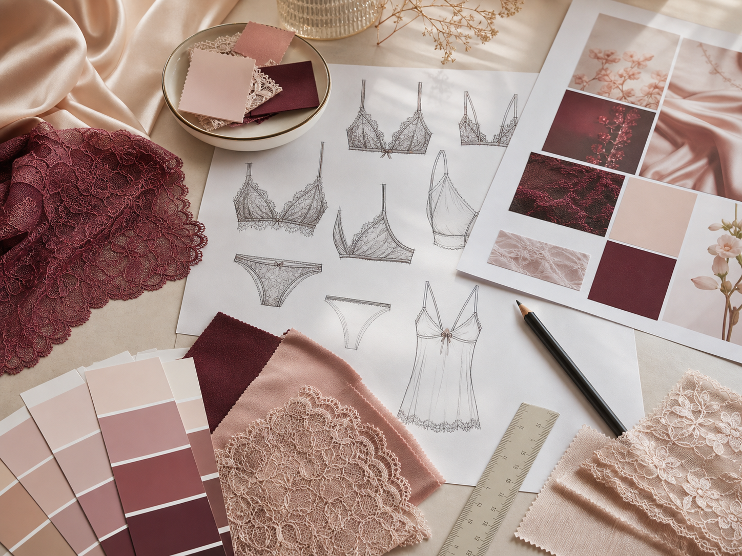 Moodboard sketch process for private label lingerie and sleepwear design support