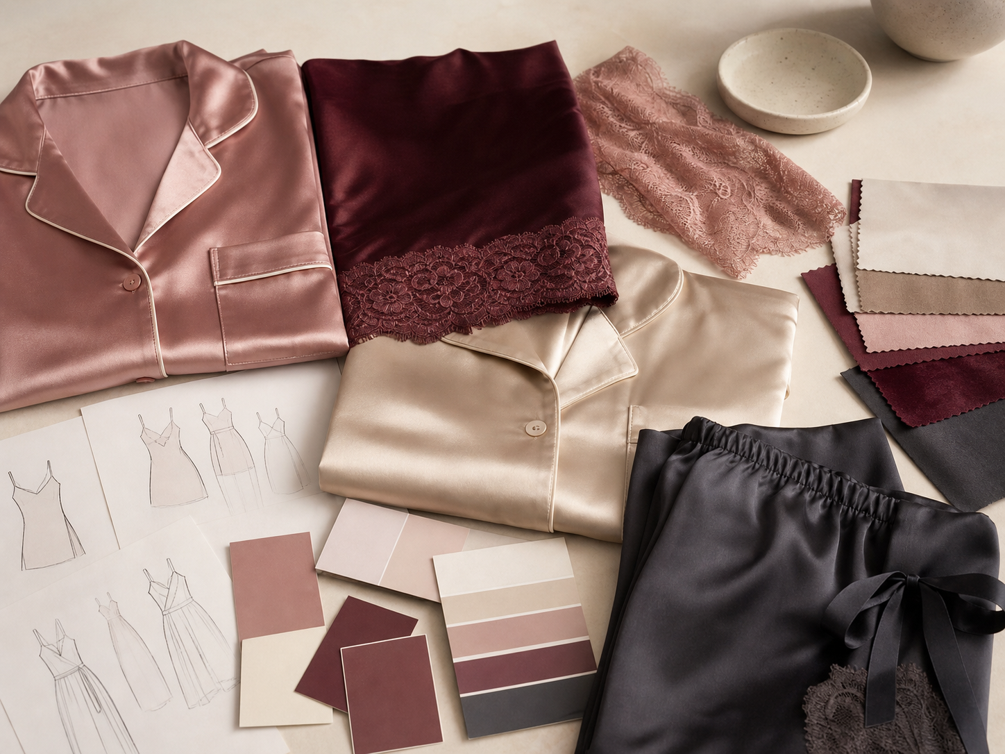 Satin colorway board for private label sleepwear collection planning