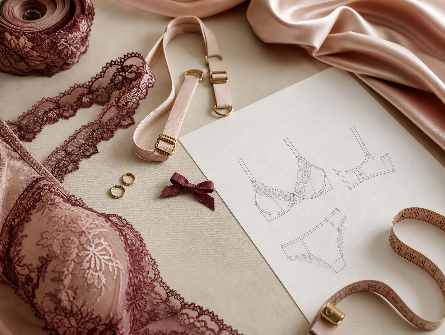 Lace trim straps bows and hardware close-up for lingerie development