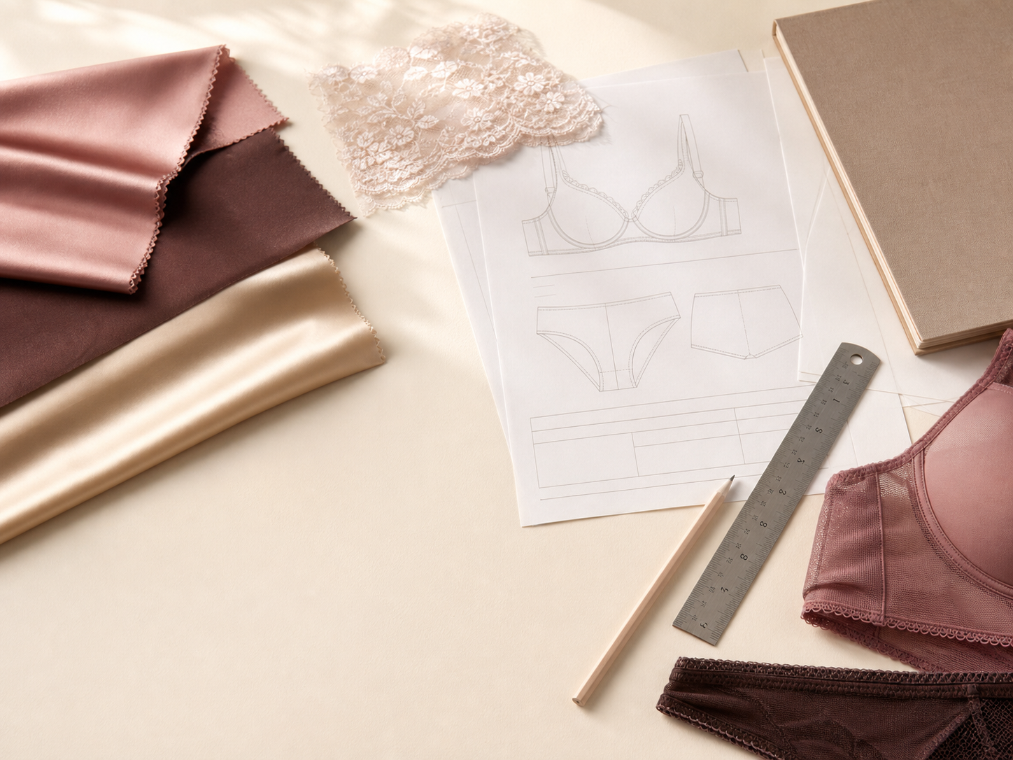 OEM ODM RFQ planning desk with lingerie sketches, fabric swatches and sample-development references